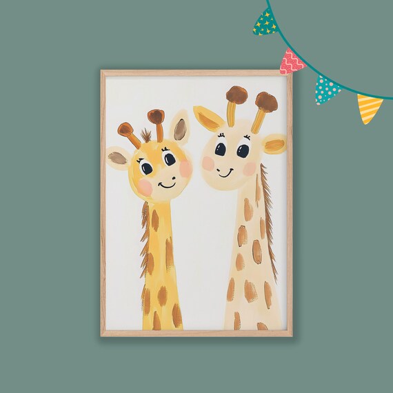 Two Smiling Giraffes Watercolor Painting Nursery Kids Room Wall Art