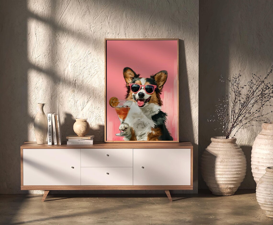 Corgi Dog Pink Sunglasses Cocktail Fun Pop Art Pet Portrait Wall Art