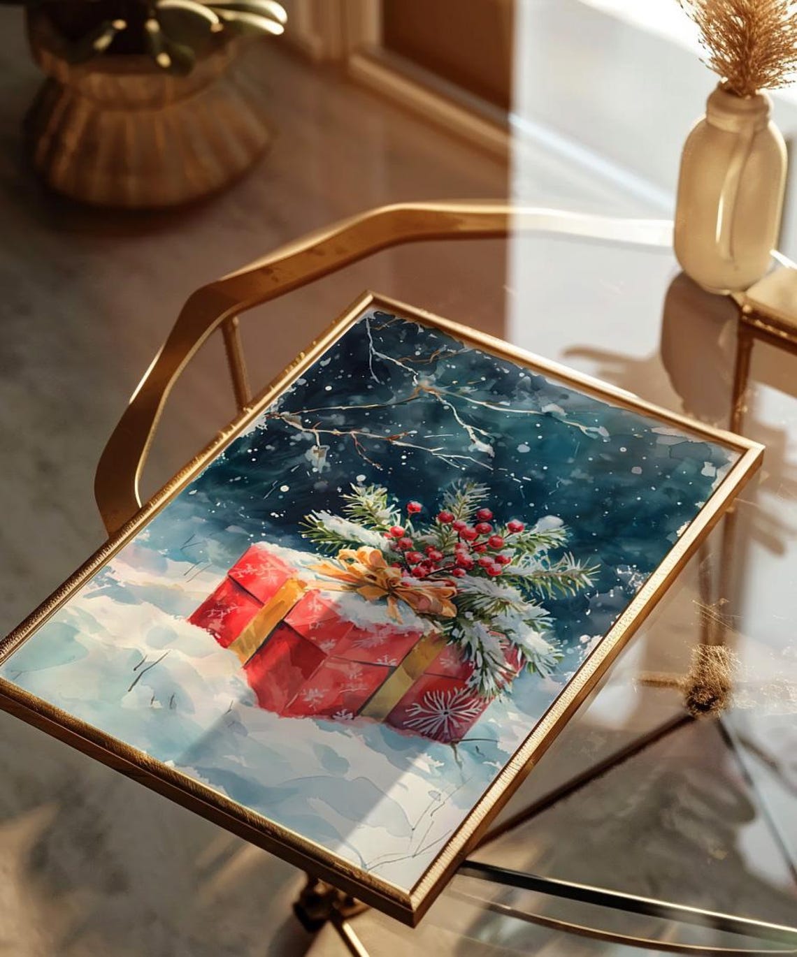 Red Christmas Gift Box In Snow Watercolor Holiday Scene Art Poster - Image 2