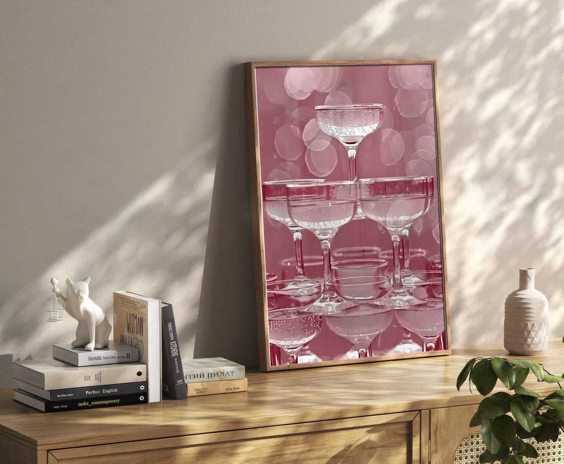 Pink Champagne Tower Coupe Glasses Celebration Bar Cart Poster - Image 2