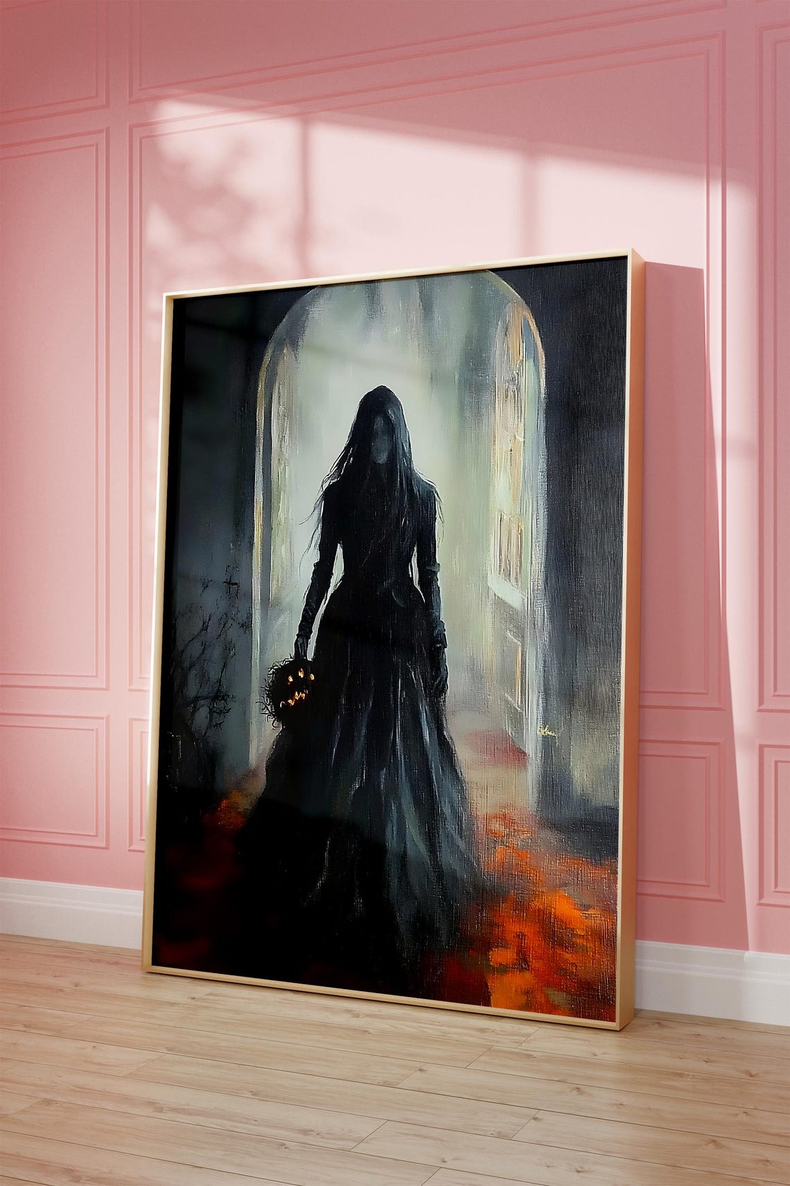 Gothic Veiled Woman Pumpkin Bouquet Dark Elegant Halloween Poster - Image 4