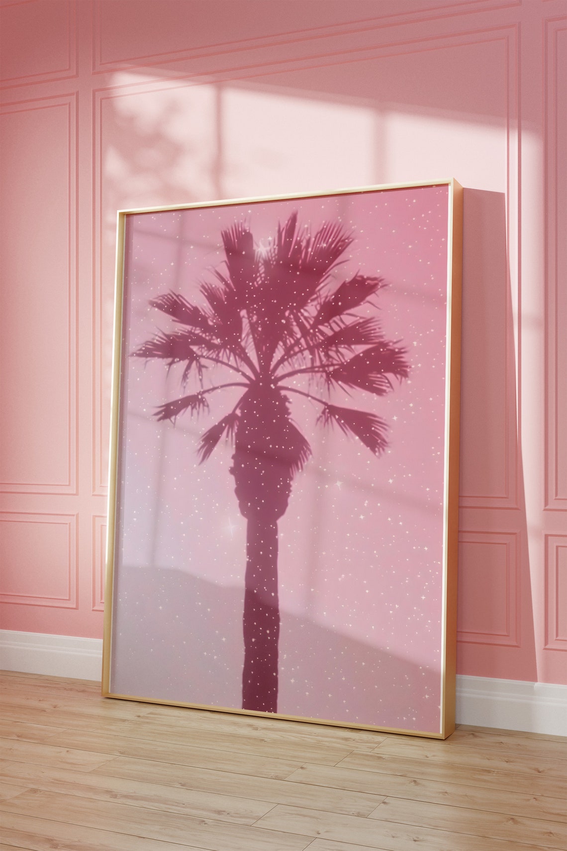 Pink Palm Tree Sparkle Dreamy Monochrome Tropical Photography Poster - Image 2