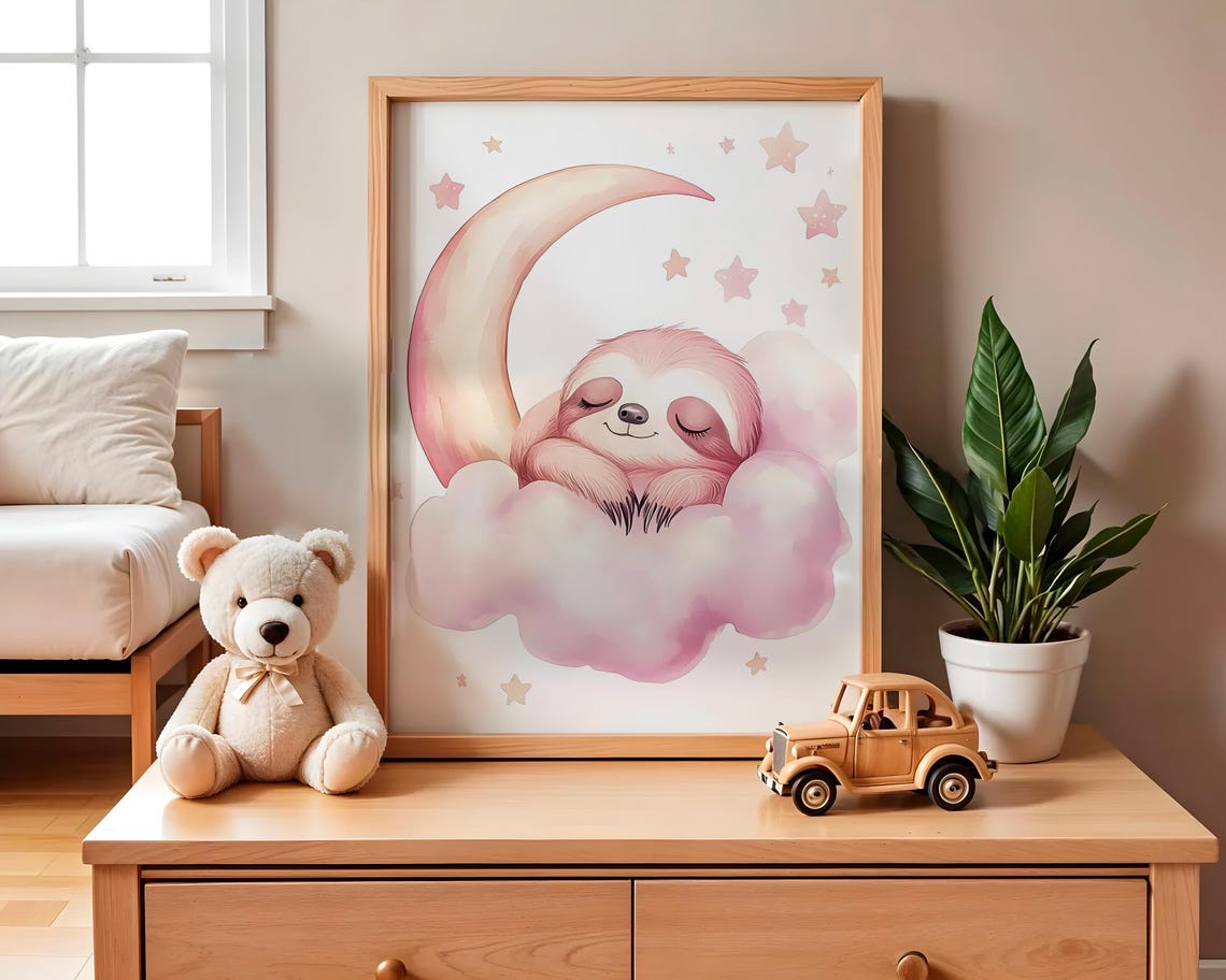 Cute Sleeping Sloth Pink Moon Cloud Stars Nursery Art Poster - Image 2
