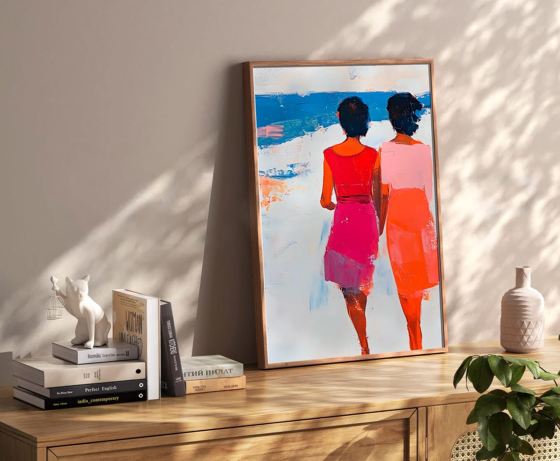 Two Best Friends At The Beach Colorful Sea Walk Painting Poster - Image 2