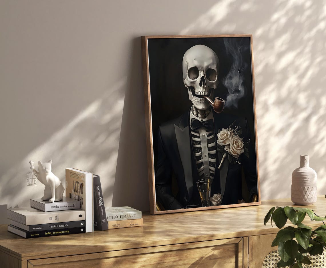 Skeleton Gentleman Smoking a Pipe Vintage Dark Oil Painting Poster - Image 4