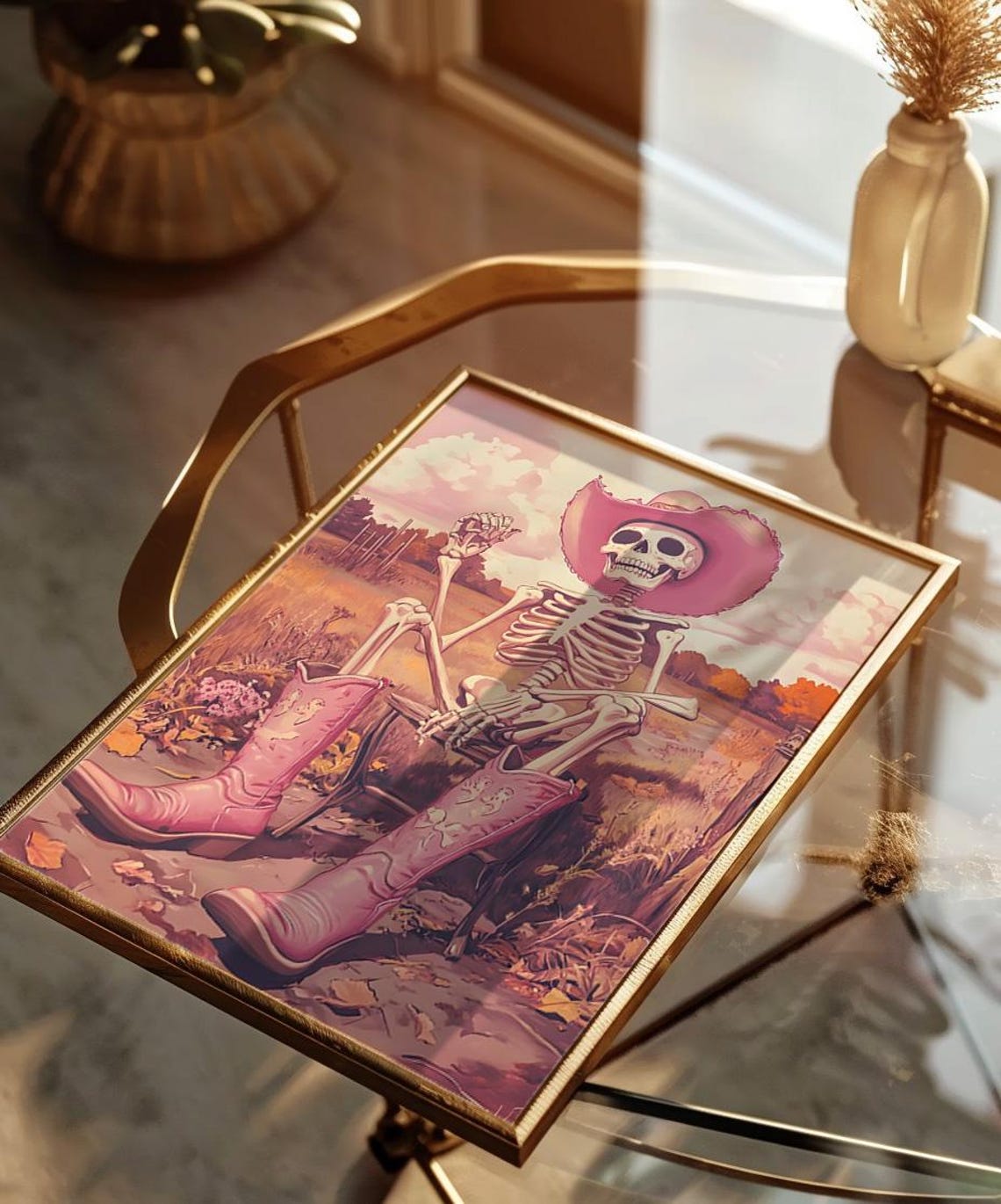 Pink Cowboy Skeleton Boots Hat Sunset Western Halloween Poster - Image 4
