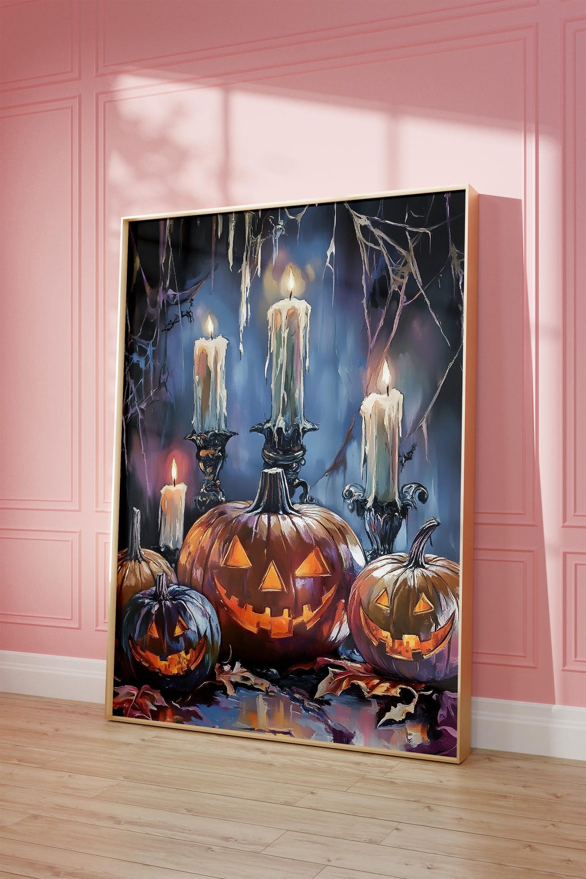 Jack O Lanterns Dripping Candles Moonlit Spooky Painting Poster