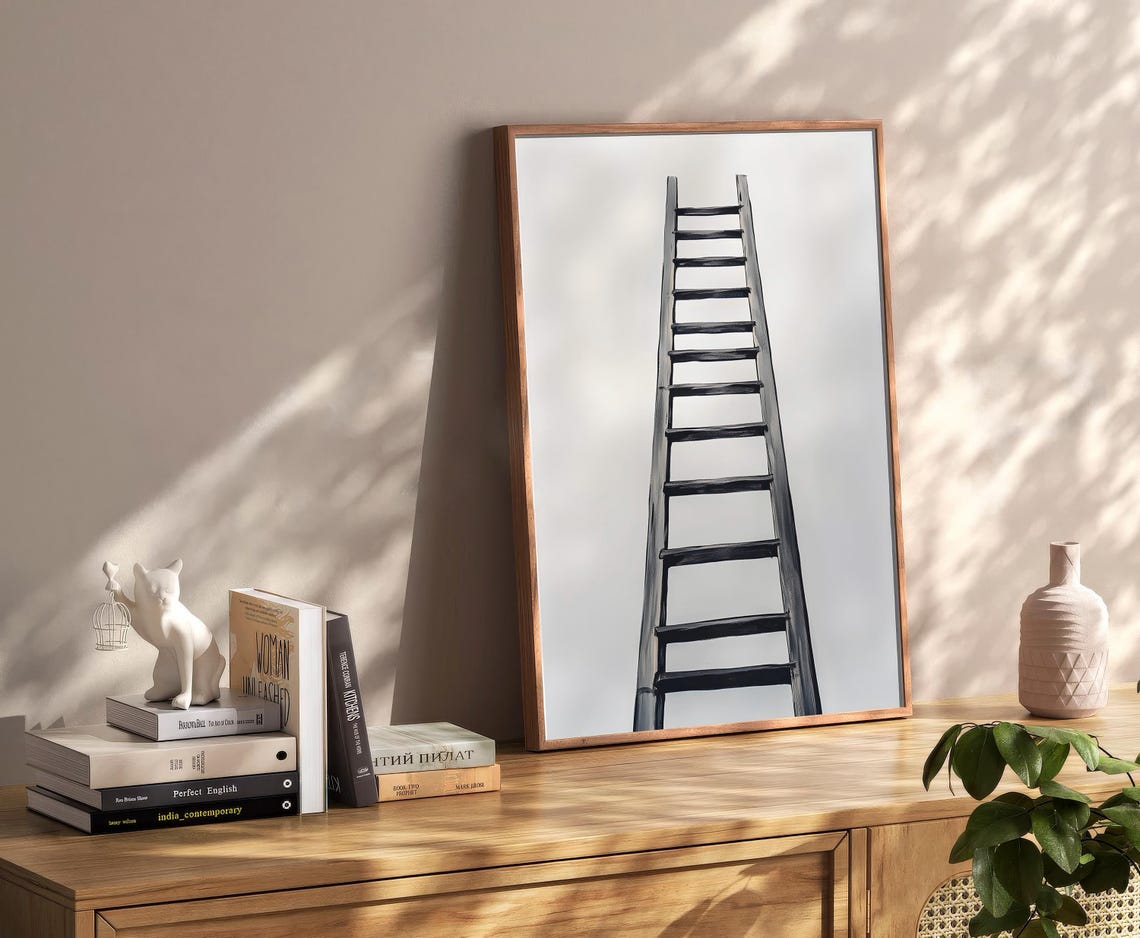 Simple Black Line Ladder Drawing White Background Minimal Poster