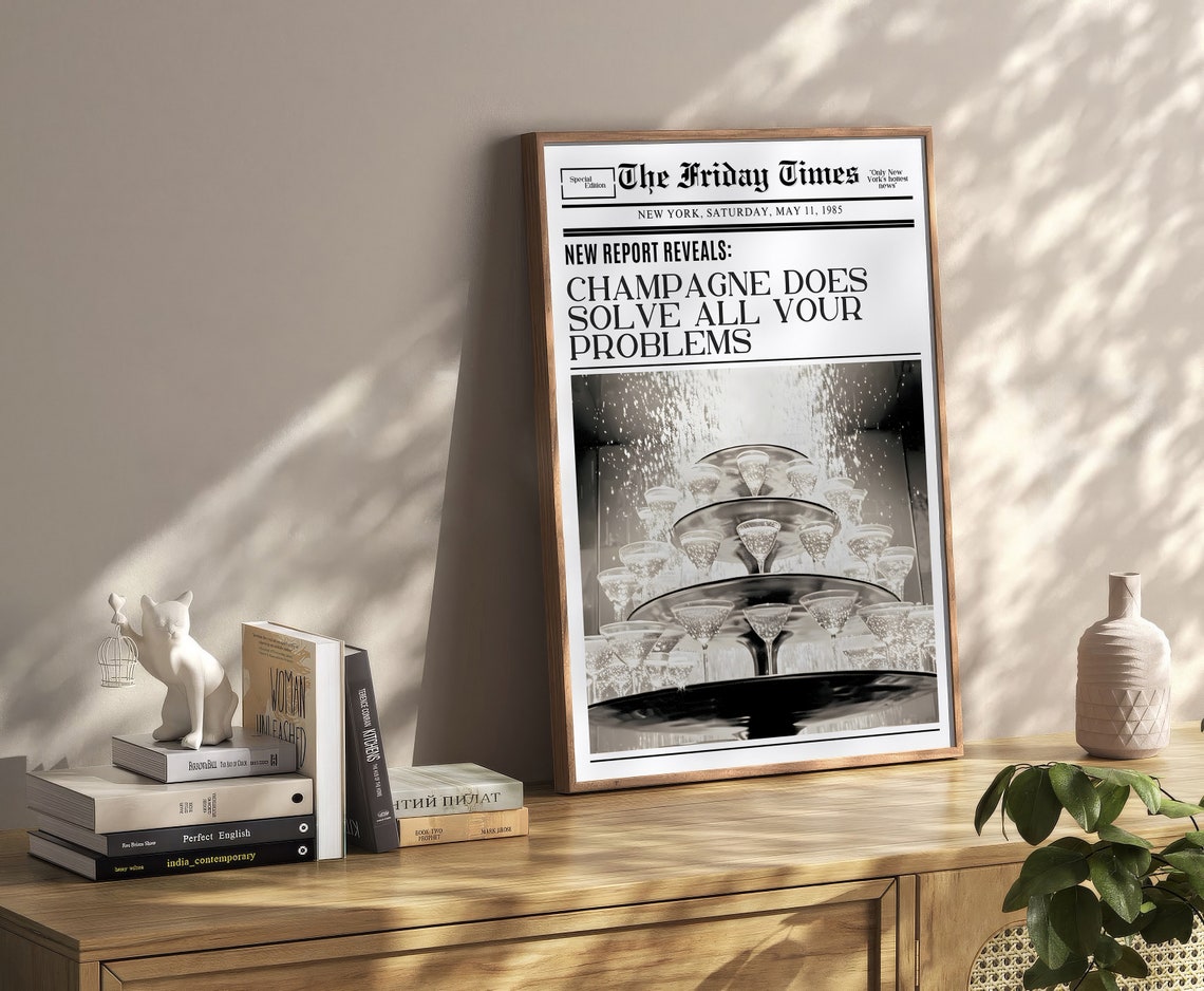 Funny Champagne Newspaper Headline Bar Cart Party Humor Wall Art - Image 2