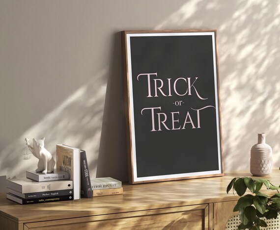 Trick or Treat Halloween Typography Blush Pink on Black Poster