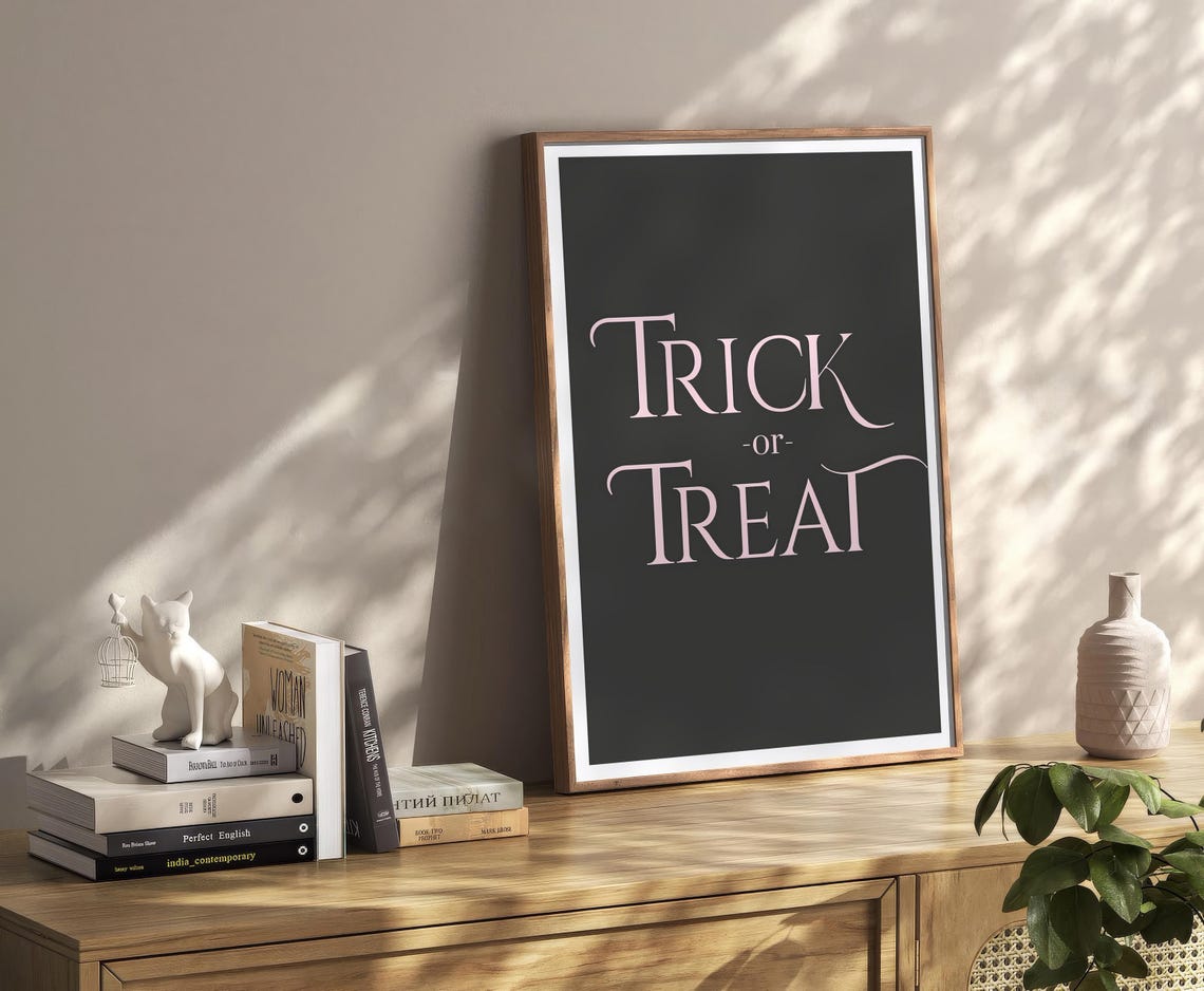 Trick or Treat Halloween Typography Blush Pink on Black Poster