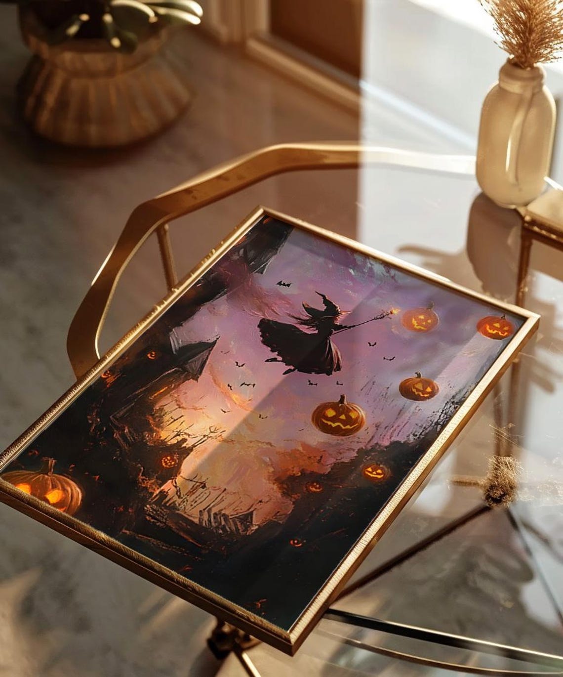 Witch Flying Over Pumpkins Purple Night Sky Dark Academia Art Poster - Image 3