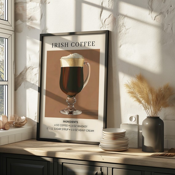 Irish Coffee Cocktail Art Print Cocktail Art Poster Retro Drink Poster Minimalist Large Wall Art Bar Art Decor