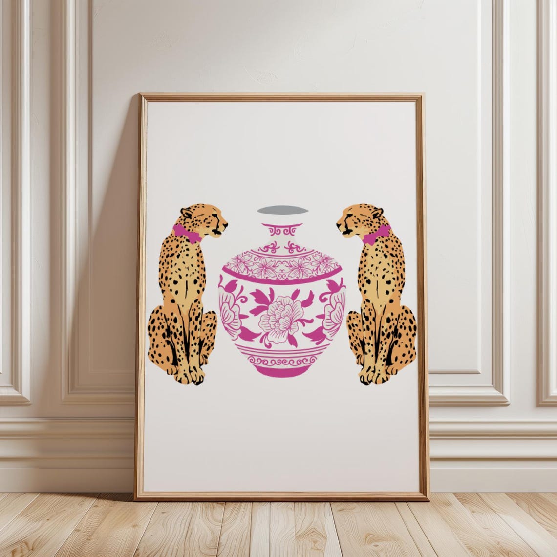 Cheetahs Pink Chinoiserie Vase Preppy Maximalist Wild Poster