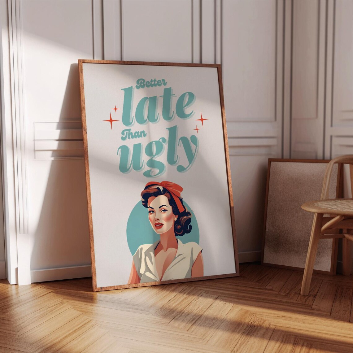 Better Late Than Ugly Teal Retro Pinup Girl Funny Quote Poster
