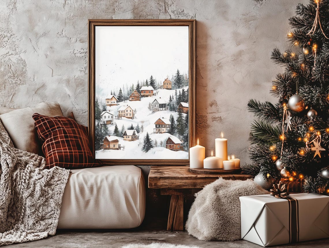 Snowy Village Watercolor Cabins Among Pine Trees Winter Scene Poster - Image 3