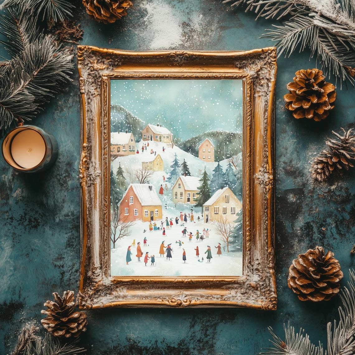 Pastel Christmas Village Children Skating Snowy Teal Sky Poster - Image 2