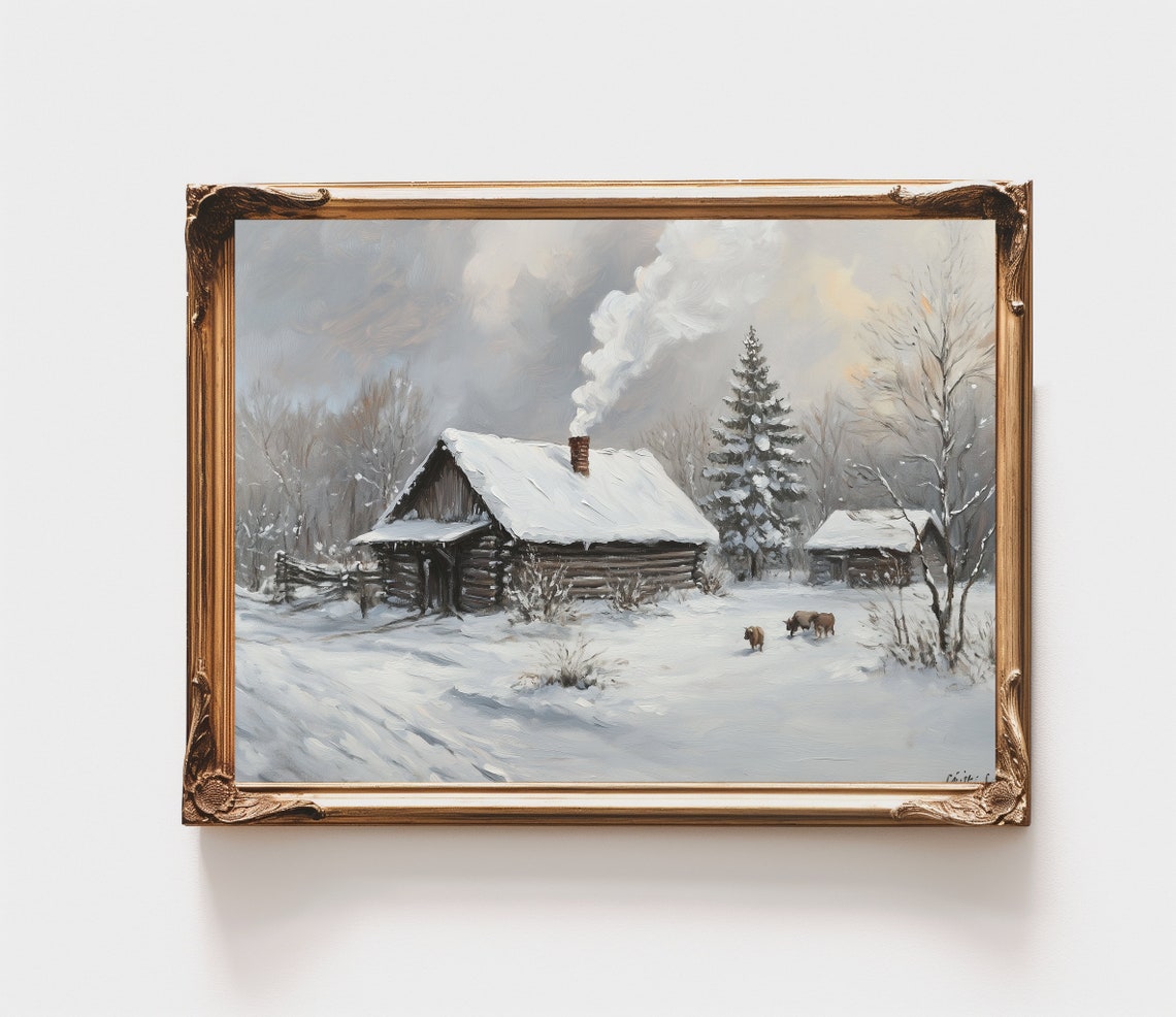 Rustic Log Cabin Snow Chimney Smoke Winter Farm Vintage Art Poster - Image 3
