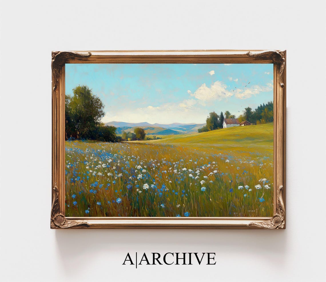 Blue White Flower Field Farmhouse Hillside Summer Scene Poster - Image 3