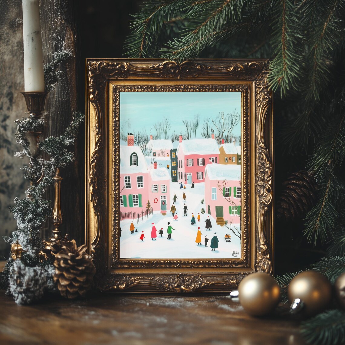 Retro Christmas Town Winter Street Scene Colorful Holiday Poster - Image 4