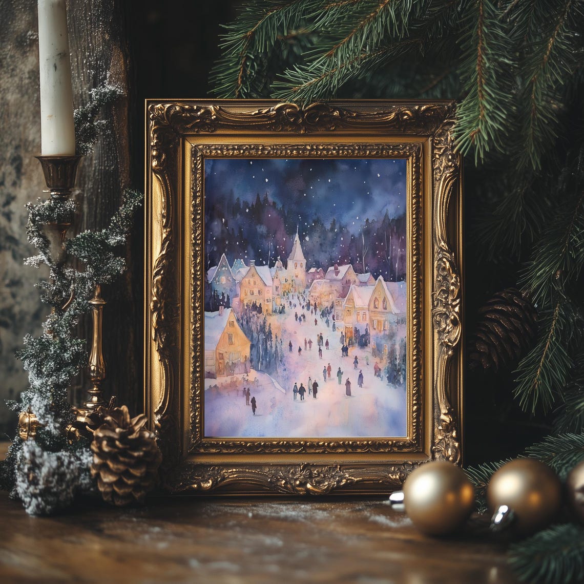Snowy Christmas Town Night Glowing Windows Church Winter Scene Poster - Image 4