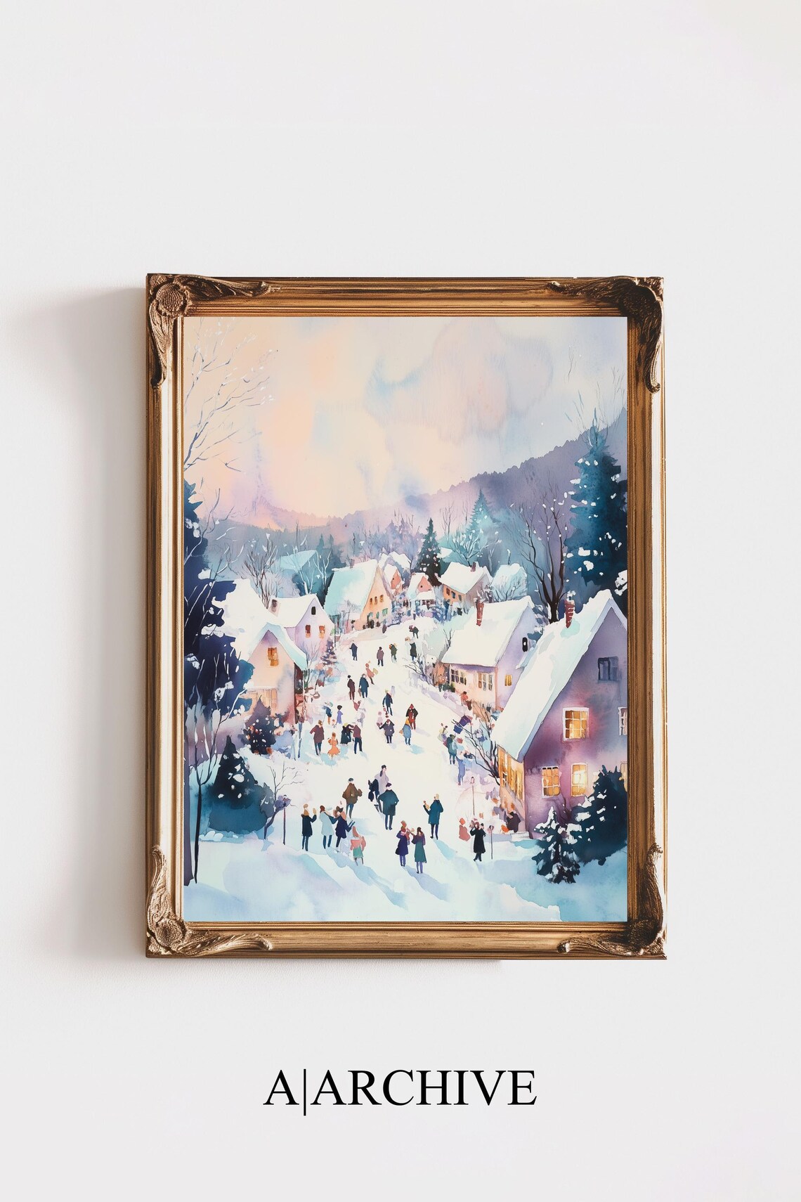 Pastel Winter Village Snow Scene Watercolor Christmas Holiday Poster