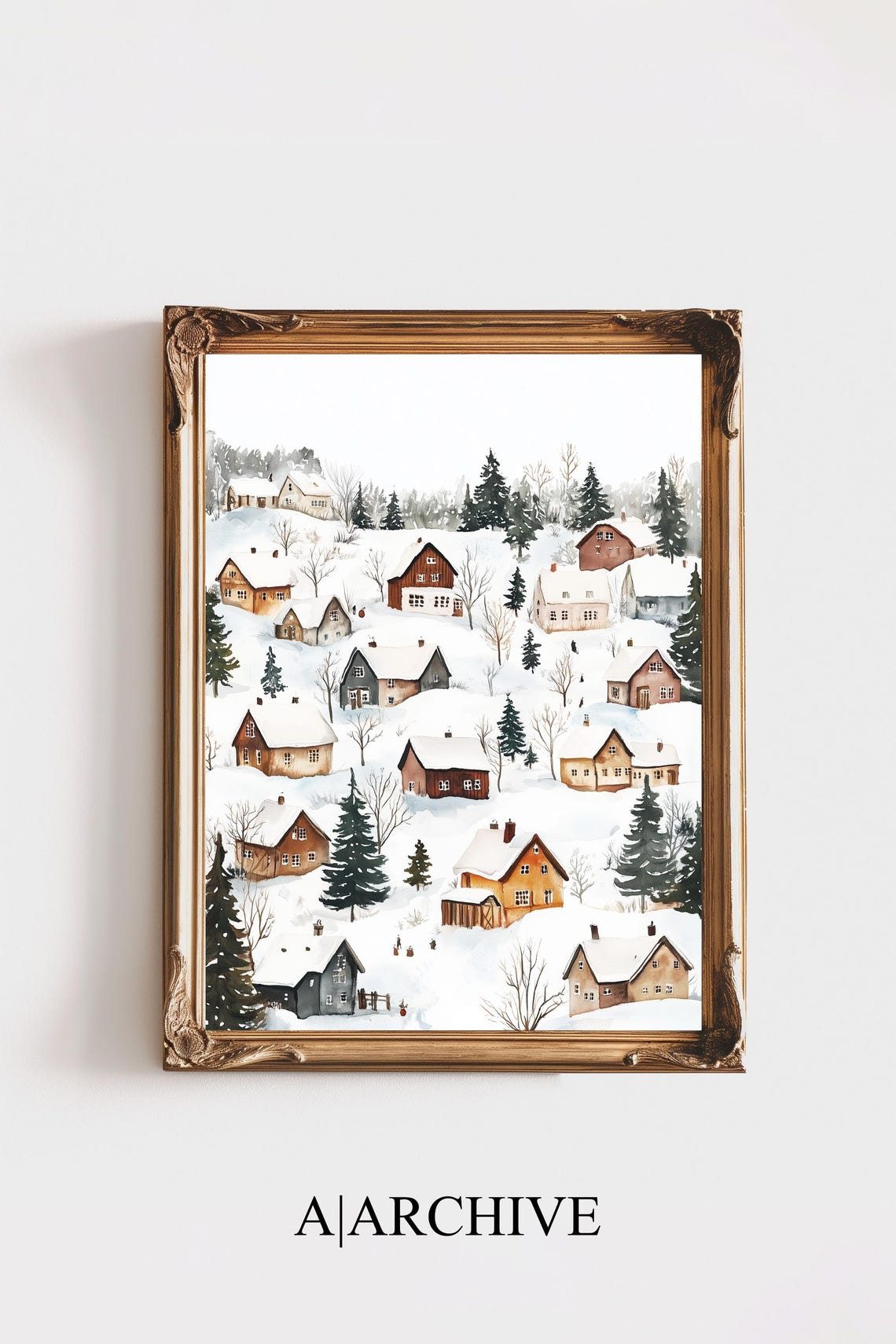 Snowfall Village Hillside Watercolor Cozy Winter Scene Poster