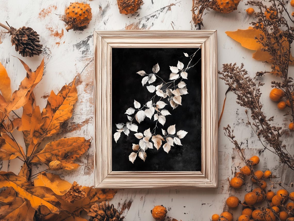 Silver Leaves Branch Black Background Delicate Botanical Art Poster - Image 3