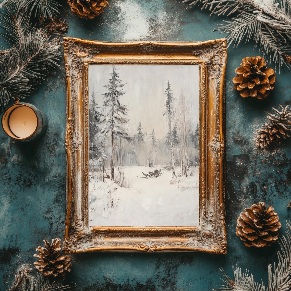 Snowy Pine Forest with a Resting Sled Vintage Winter Art Poster - Image 3