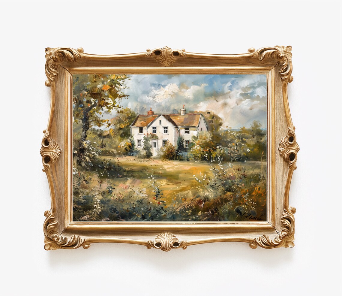 Sunlit Farmhouse Meadow Antique Oil Painting Country Landscape Print - Image 4