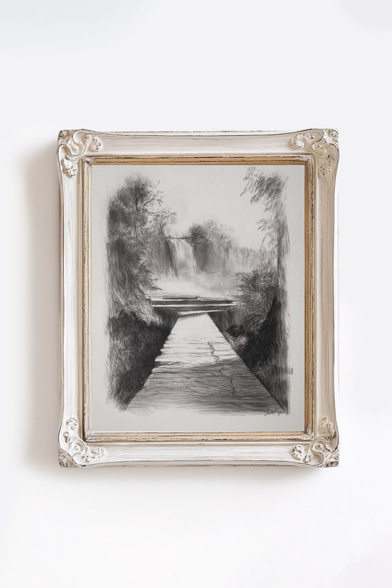 Charcoal Sketch Bridge And Trees Sketch Vintage Landscape Etching Drawing For Wall Decor