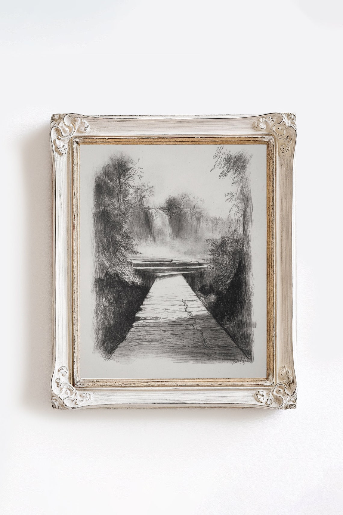 Charcoal Sketch Bridge And Trees Sketch Vintage Landscape Etching Drawing For Wall Decor