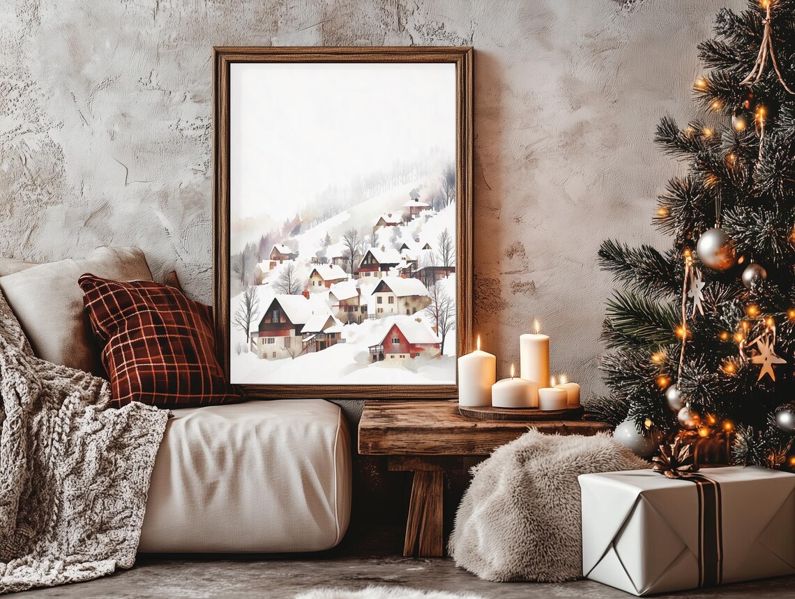 Misty Winter Village Hillside Scene Watercolor Snowy Christmas Poster - Image 3