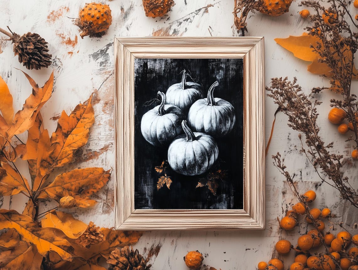 White Pumpkins Black Gothic Charcoal Fall Botanical Art Poster - Image 3