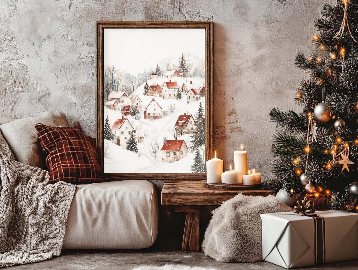 Winter Village Red Roofs Snowy Hillside Path Pines Christmas Poster - Image 3
