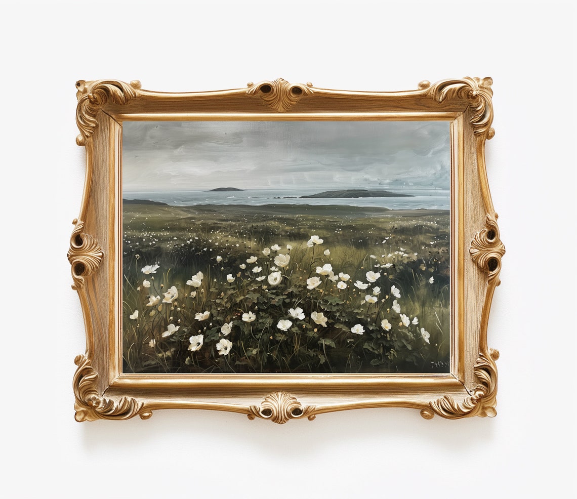 White Wildflowers Coastal Hills Sea View Moody Gray Sky Art Poster - Image 4