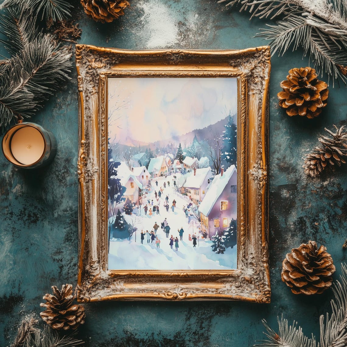 Pastel Winter Village Snow Scene Watercolor Christmas Holiday Poster - Image 2