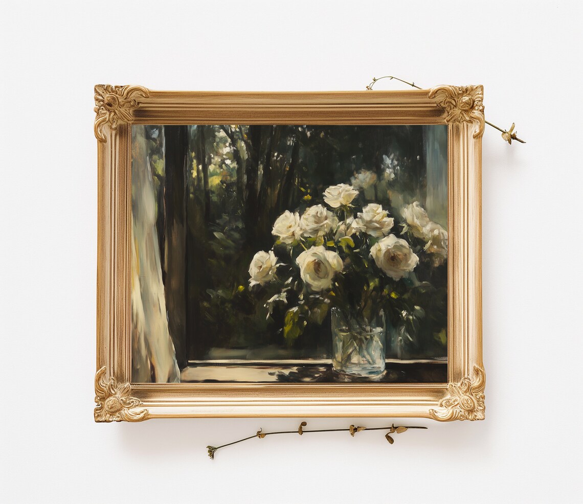 White Roses Vase Window View Dark Forest Moody Floral Art Poster - Image 3