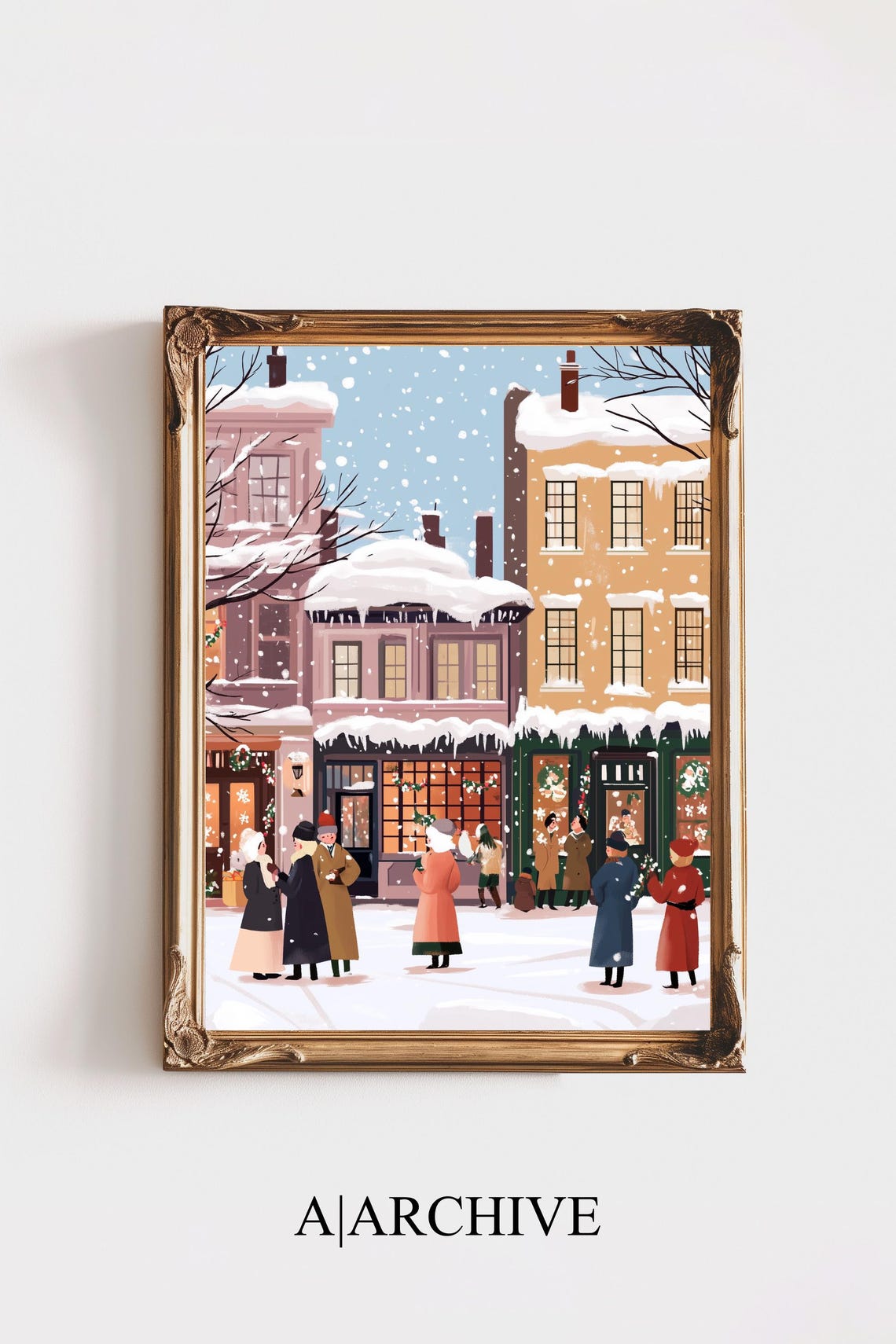 Colorful Retro Christmas Street Decorated Shops Holiday Scene Poster