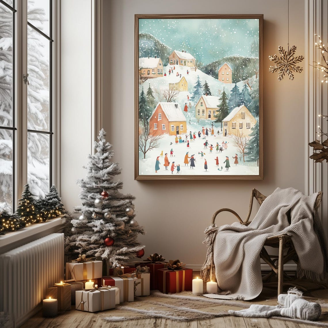 Pastel Christmas Village Children Skating Snowy Teal Sky Poster - Image 3