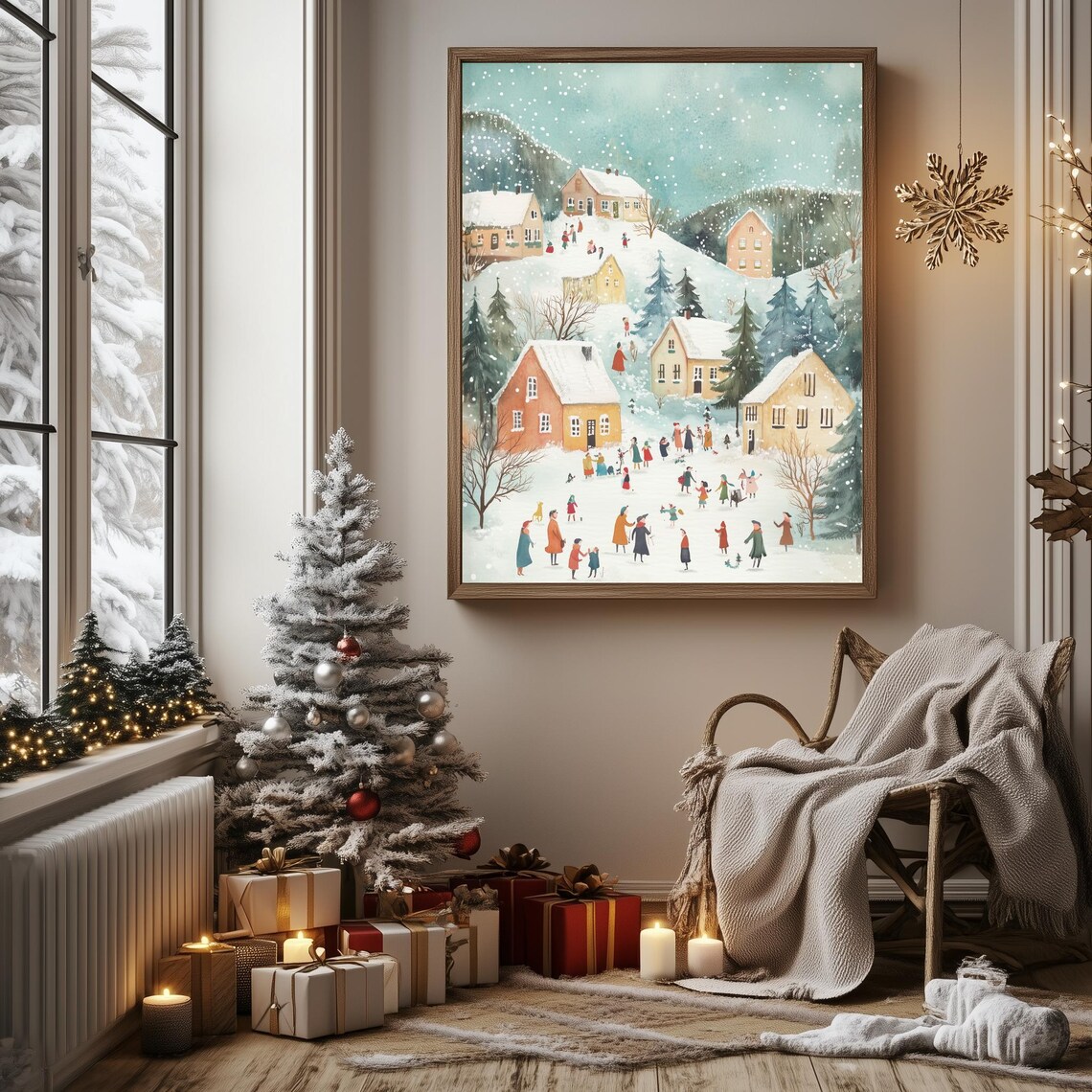 Watercolor Christmas Wall Art Pastel Pink Holiday Print Winter Village Art Pink Christmas Scene Holiday Village Wall Decor - Image 3