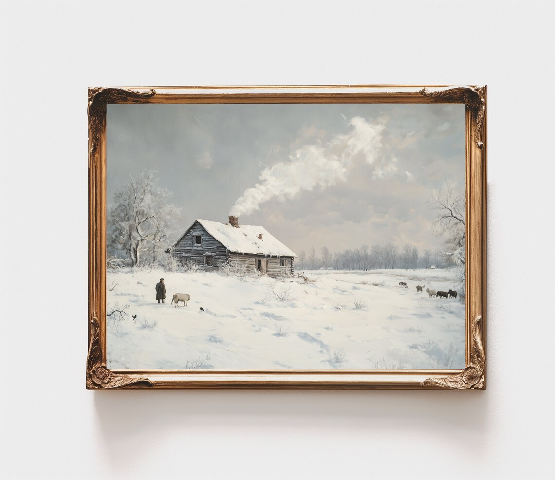 Rustic Winter Barn Farm Animals Snow Country Vintage Farm Poster