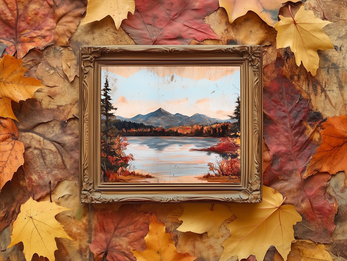 Autumn Lake Mountain Crimson Foliage Vintage Landscape Poster - Image 2