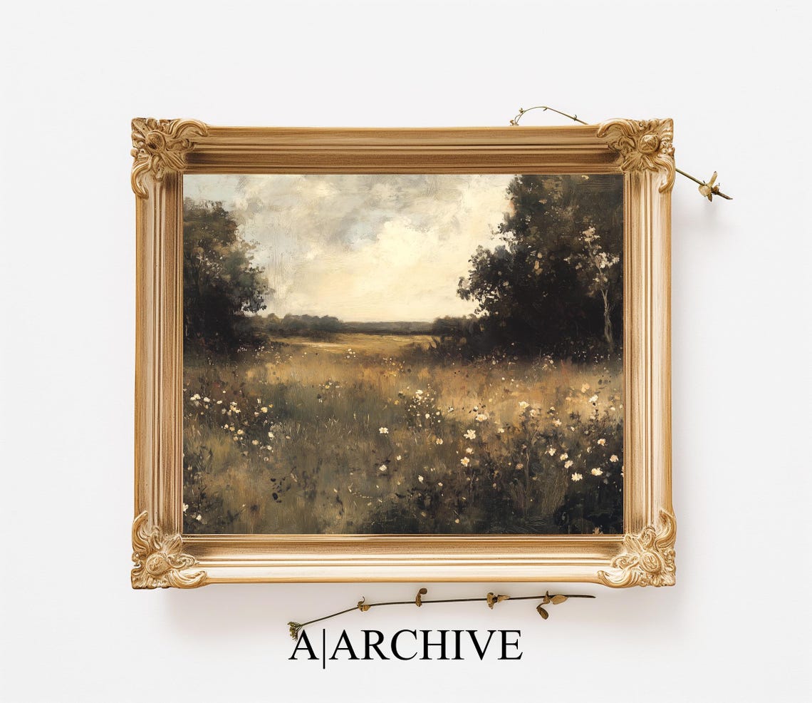 Moody Meadow Trees Dusk Golden Hour Landscape Vintage Art Poster - Image 3
