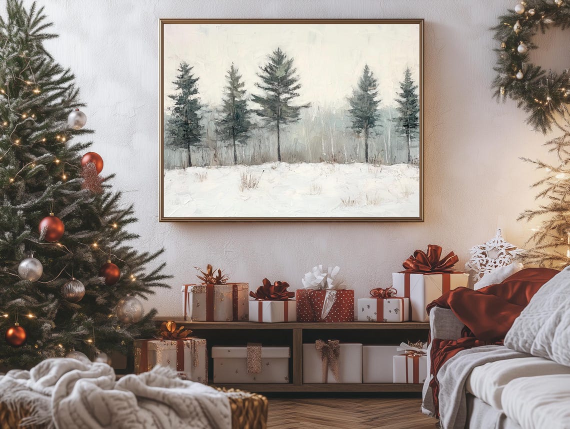 Five Pine Trees Snowy Meadow Pale Gray Sky Calm Winter Art Poster - Image 2