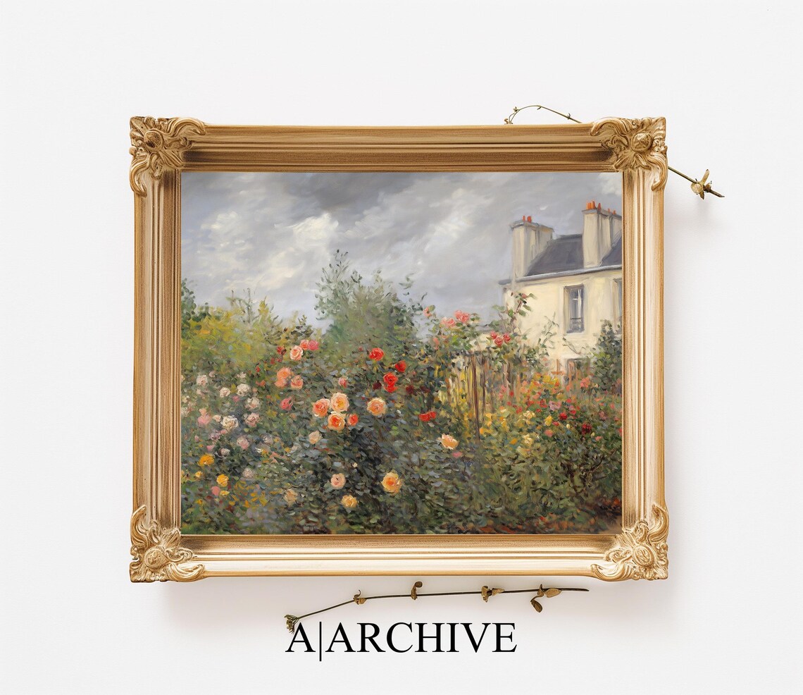 Wild Rose Garden Under a Cloudy Sky Vintage Oil Painting Poster - Image 3
