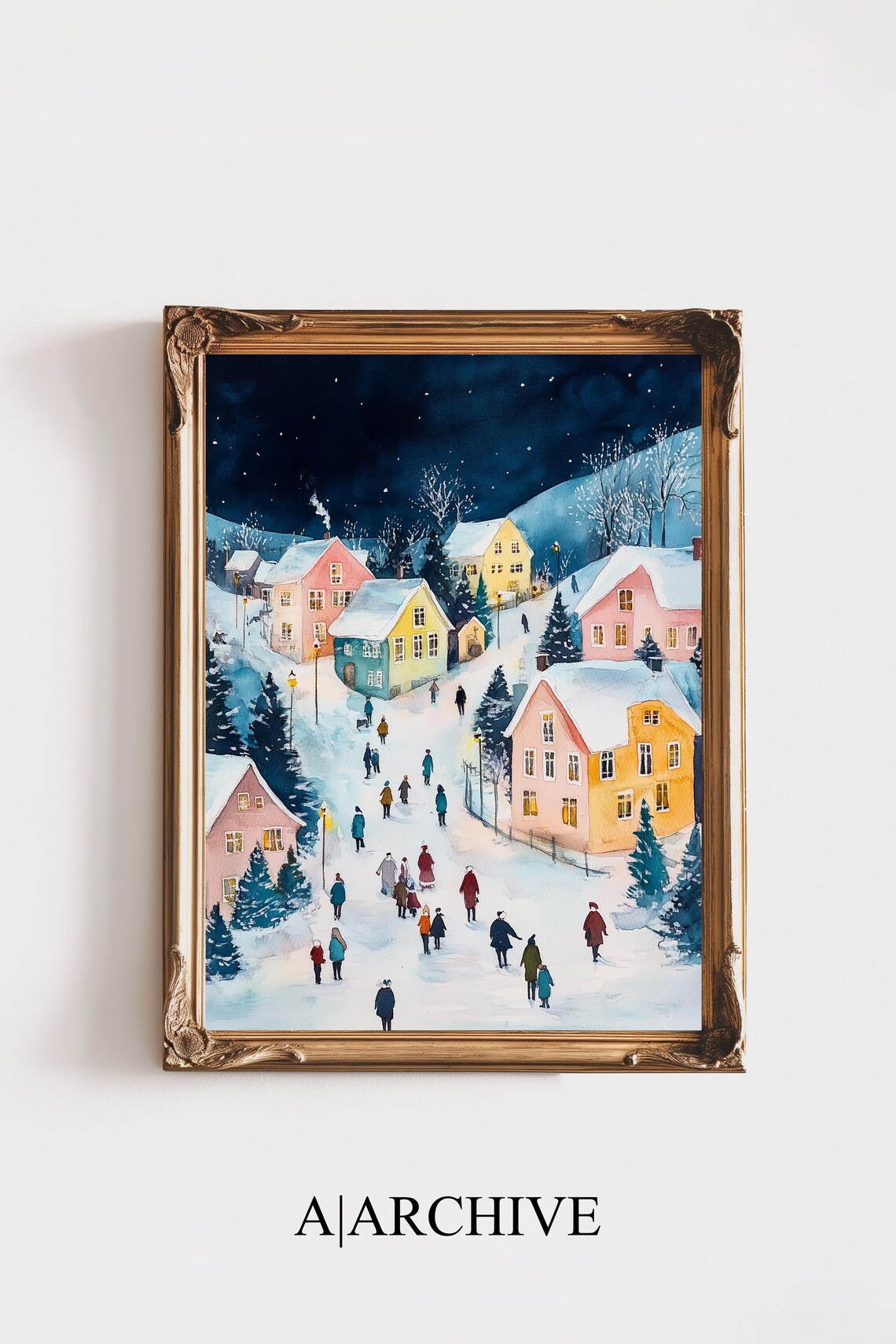 Pink Winter Village Night Scene Watercolor Christmas Holiday Poster
