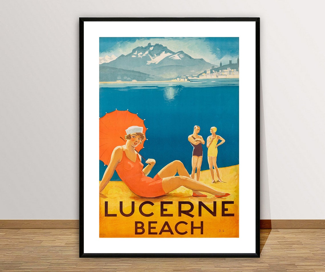 Lucerne Beach Switzerland Vintage Swiss Lake Bathing Travel Poster - Image 3
