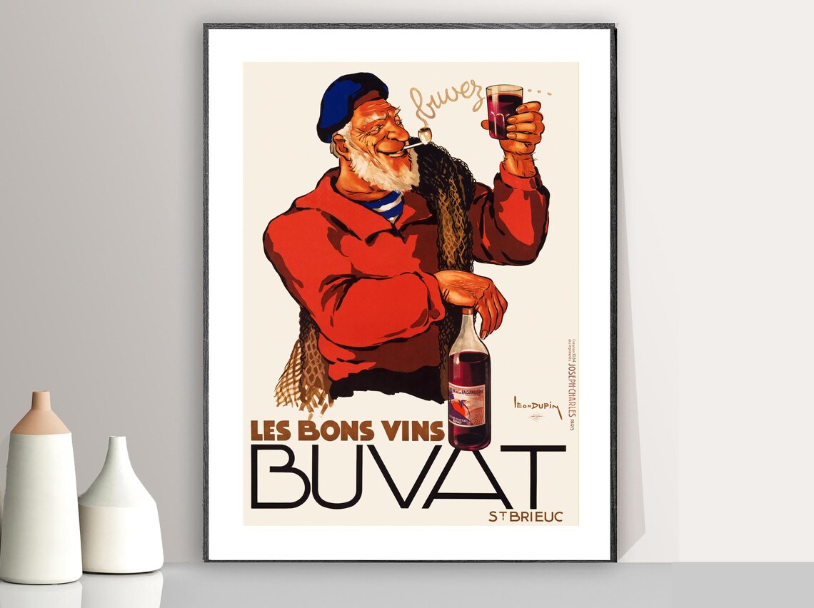 Les Bons Vins Buvat St Brieuc Fisherman Pipe French Wine Art Poster - Image 2