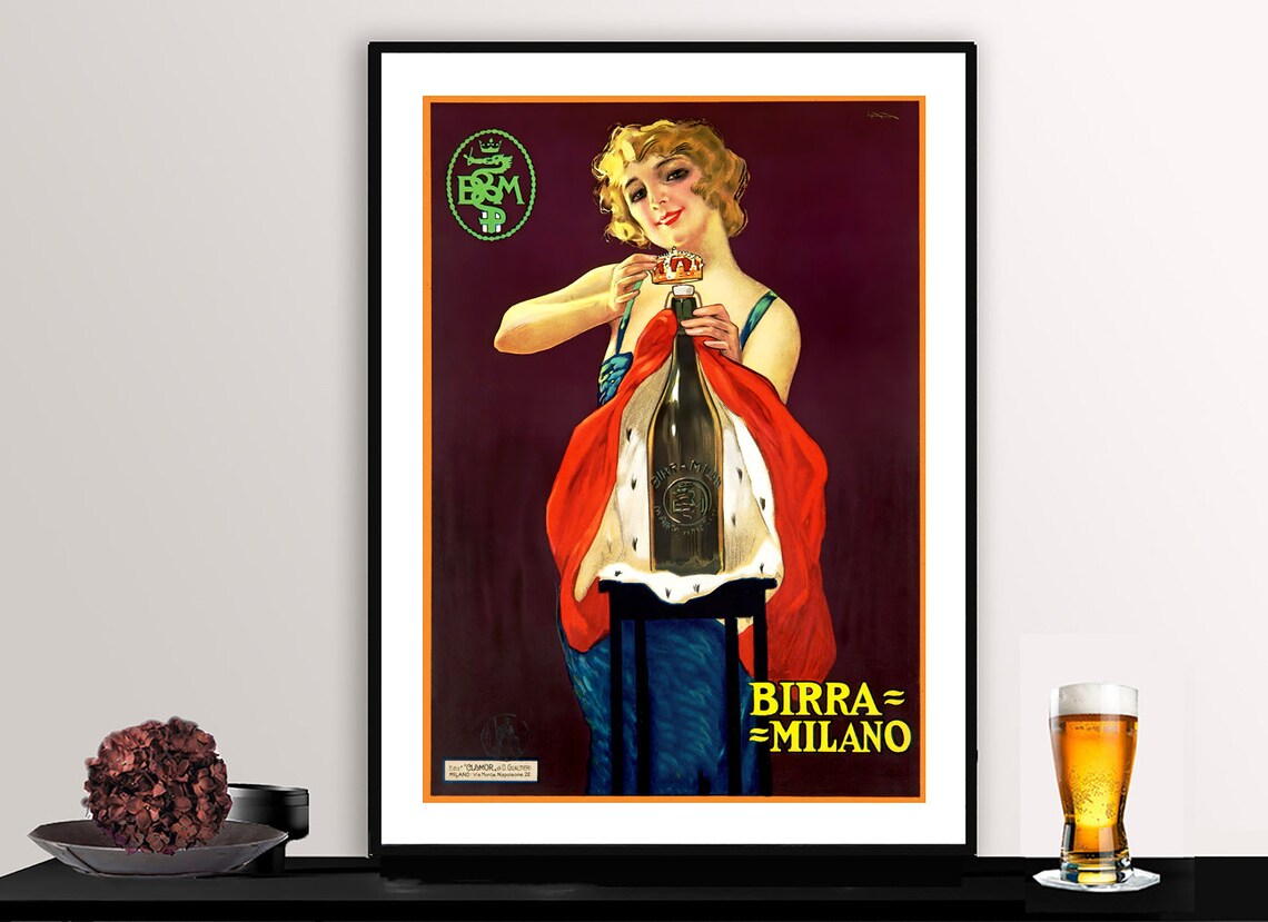 Birra Milano Italian Beer Queen Vintage Art Deco Advertising Poster